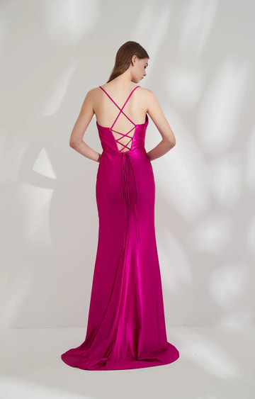 FormFitting Mermaid VNeck Sleeveless Satin Floor-Length LaceUp Party Dress