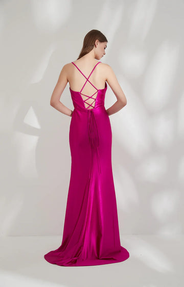FormFitting Mermaid VNeck Sleeveless Satin Floor-Length LaceUp Party Dress