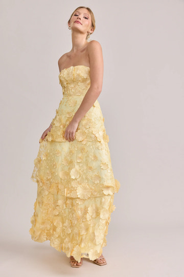Romantic A-Line Strapless Sleeveless 3D Floral Appliqué Tiered Long Prom Gown