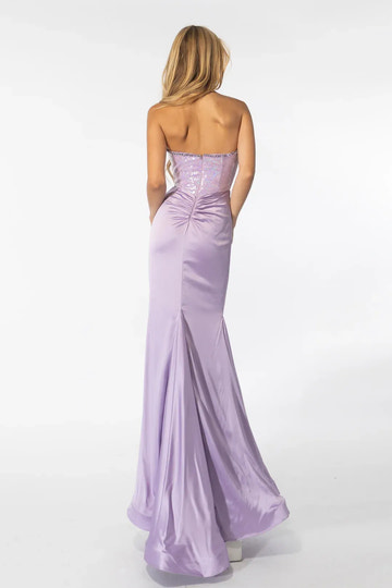 Glamorous Mermaid Plunging V-Neck Sleeveless Satin Sequin Corset Slit Prom Gown