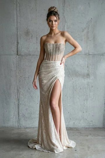 Mermaid Strapless Sleeveless Sequin Floor Length Prom Dress With Slit