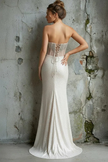 Vestido de fiesta largo de sirena sin tirantes sin mangas con lentejuelas y abertura