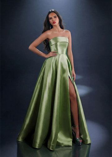 Radiant A-Line Strapless Straight Neckline Sleeveless Satin Lace-Up High Slit Evening Gown