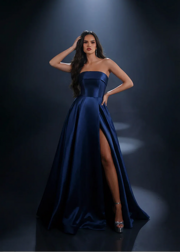 Radiant A-Line Strapless Straight Neckline Sleeveless Satin Lace-Up High Slit Evening Gown