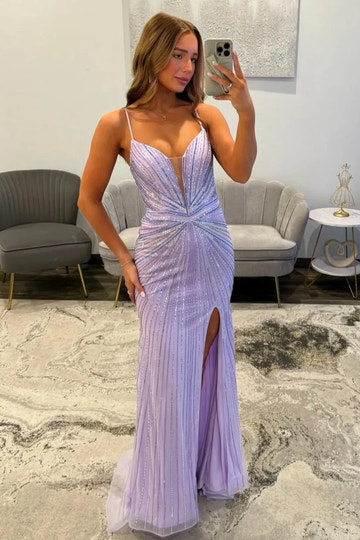 Sparkly Mermaid V-neck Spaghetti Straps Beaded Long Slit Lace-up Prom Dress