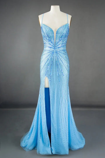 Sparkly Mermaid V-neck Spaghetti Straps Beaded Long Slit Lace-up Prom Dress