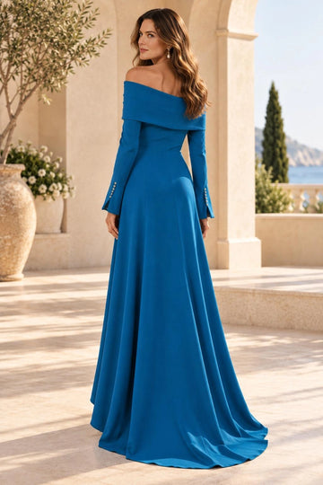 Back view of ink blue mother of the bride dress with wide off-shoulder neckline, tailored back seams, long sleeves and floor-length flowing back skirt