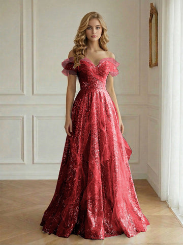 Dreamy Iridescent A Line Sweetheart Off Shoulder Ruffle Floor Length Prom Dress