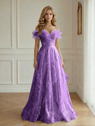 Dreamy Iridescent A Line Sweetheart Off Shoulder Ruffle Floor Length Prom Dress