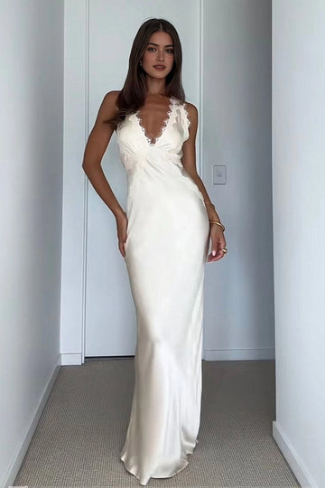 Ivory deep V sleeveless maxi wedding guest dress with lace trim by Vedress