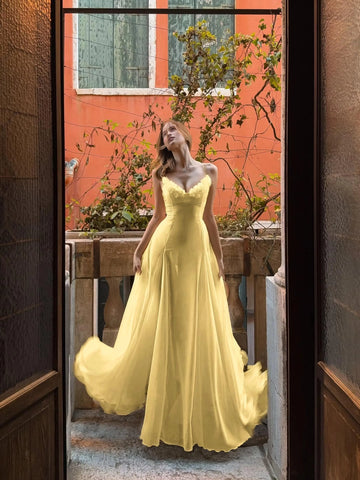 Dreamy A-Line Sweetheart Spaghetti Strap Low Back Floor-Length Prom Dress