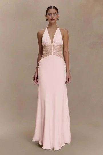 Romantic A-Line Halter V-Neck Sleeveless Open Back Floor-Length Wedding Guest Dress