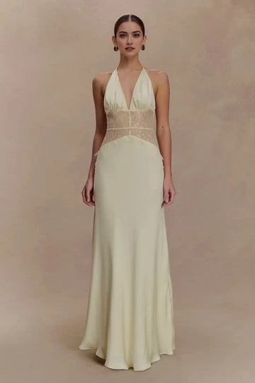 Ivory halter wedding guest dress with V-neckline lace waist panel and floor-length A-line silhouette by Vedress