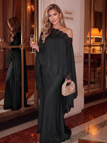 Romantic Ivory Mermaid Lace Neck Cape Sleeve Floor Length Evening Dress