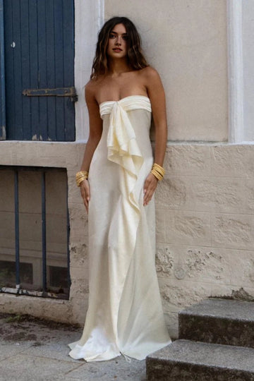 Ivory strapless floor length prom dress with draped bow front by Vedress