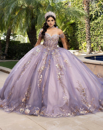 Lavender floral Quinceañera ball gown with sweetheart neckline, off-shoulder sleeves and embellished bodice by Vedress