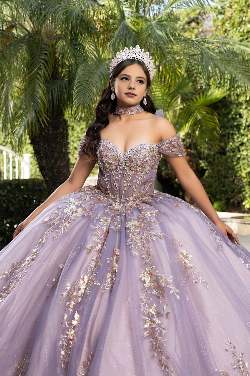 Lavender floral Quinceañera ball gown with sweetheart neckline, off-shoulder sleeves and embellished bodice by Vedress