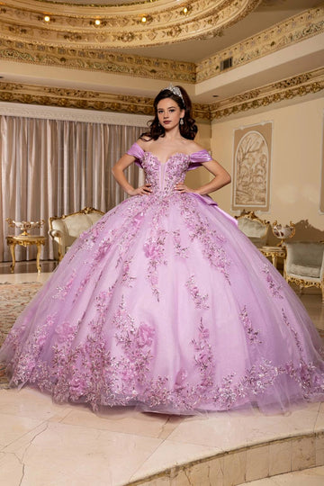 Lavender floral Quinceañera ball gown with sweetheart neckline, off-shoulder straps and embellished bodice by Vedress