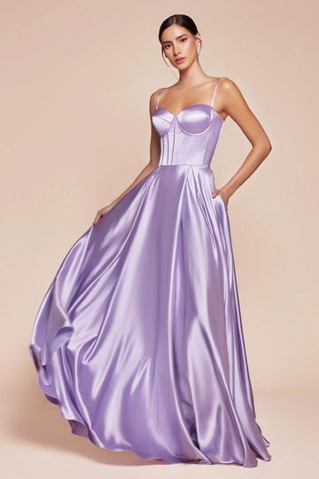 Lavender A-line bridesmaid dress with a sweetheart neckline, spaghetti straps, structured corset bodice, side pockets, and floor-length satin-look skirt by Vedress.