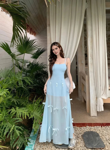 Light blue A-line prom dress with spaghetti straps, scoop neckline and bow details by Vedress