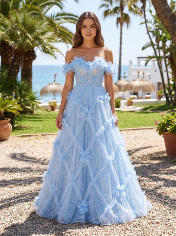 Light blue off shoulder ball gown prom dress with 3D floral appliqués and sparkling tulle by Vedress