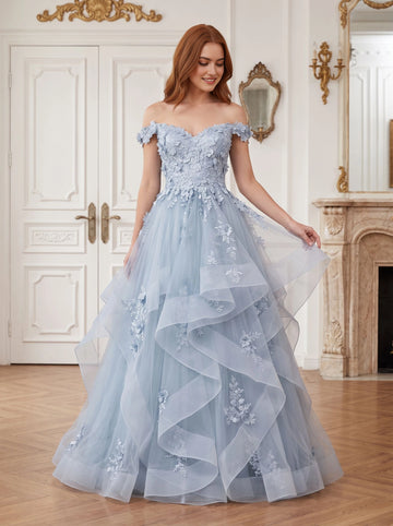 Light blue off shoulder ball gown prom dress with floral lace appliqués and layered ruffle skirt by Vedress