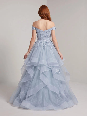 Light blue floral lace prom dress with off shoulder back covered buttons and layered tulle skirt by Vedress