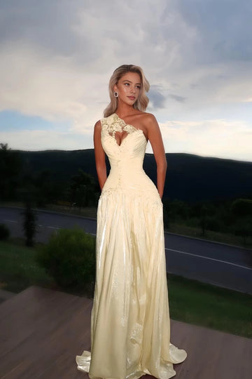 Dreamy A-Line Asymmetric One-Shoulder Open Back Floor-Length Prom Dress
