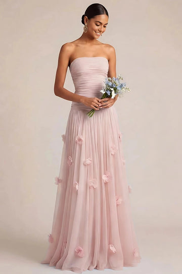 Dreamy A Line Straight Neck Strapless Zipper Back Floral Bridesmaid Dress