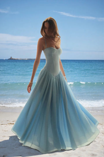 Light blue sweetheart spaghetti strap A-line floor length wedding guest dress by Vedress