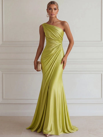 Light green mermaid prom dress featuring a one-shoulder neckline, satin-like finish, asymmetrical ruched bodice, fitted waist and flared floor-length skirt, front view.
