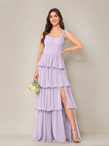 A-Line Princess Scoop Neck Sleeveless Chiffon Floor-Length Bridesmaid Dress with Ruffles & Split Side