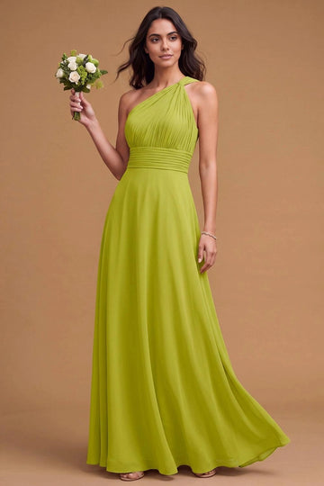 Lime green A-line bridesmaid dress with asymmetric one-shoulder neckline, finely pleated bodice, ruched waistband, and flowing floor-length skirt by Vedress.
