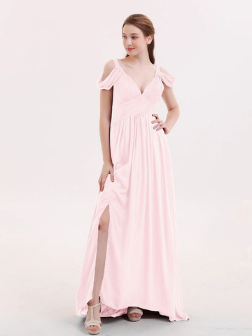 Off Shoulder Draped Strap Deep V Ruched High Slit Chiffon Bridesmaid Maxi Dress with Back Train