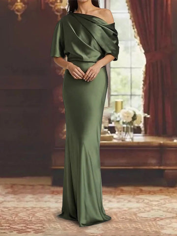 Vedress dark green satin mermaid mother of the bride dress,one shoulder,short batwing sleeve,floor length