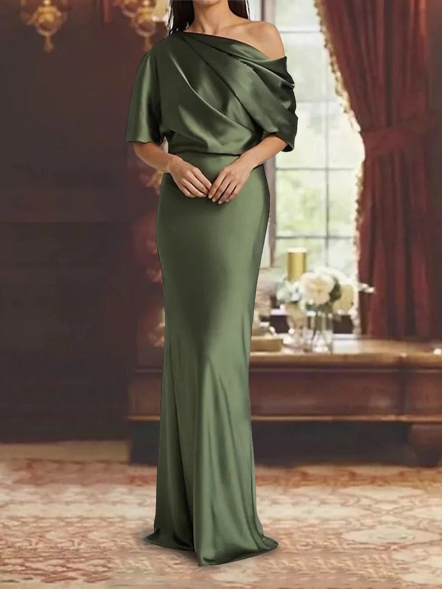 Vedress dark green satin mermaid mother of the bride dress,one shoulder,short batwing sleeve,floor length