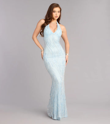 Glamorous Mermaid Halter Beaded Embellished Prom Gown Formal Evening Dress