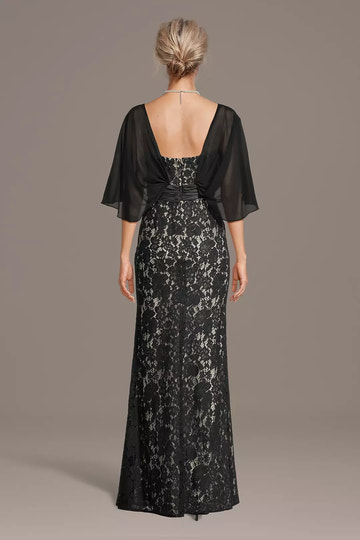 Mermaid Lace Illusion Neck Cape Sleeve Maxi Gown Floor Length Mother of the Bride Dress