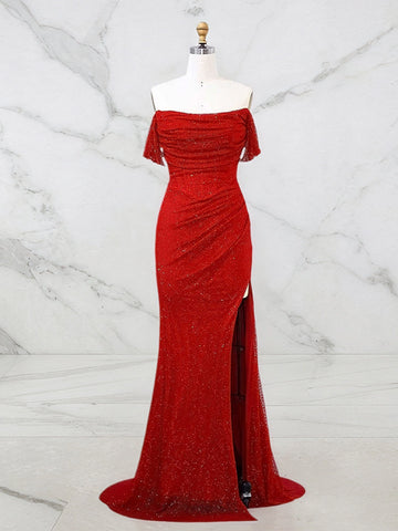 Vedress glamorous mermaid prom dress with off-shoulder neckline, ruching and high slit