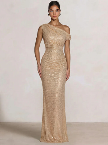 Glamorous Mermaid One-Shoulder Embellished with Rhinestones Ruched Gown Evening Dresses