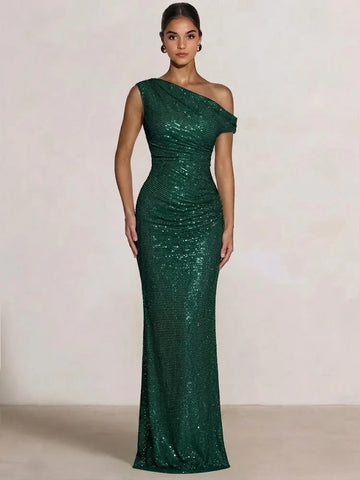 Glamorous Mermaid One-Shoulder Embellished with Rhinestones Ruched Gown Evening Dresses
