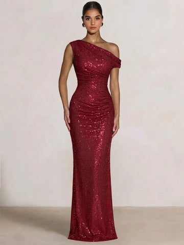 Glamorous Mermaid One-Shoulder Embellished with Rhinestones Ruched Gown Evening Dresses