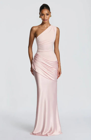 Mermaid One Shoulder Sleek Satin Maxi Ruched Evening Dress