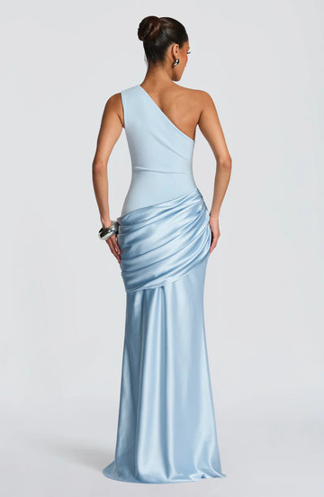 Vestido de Noche Maxi Sirena de Satén Liso con un Solo Hombro y Fruncido