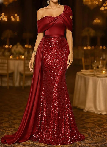 Glamorous Mermaid One-Shoulder Sequin Satin Formal Evening Gown With Train