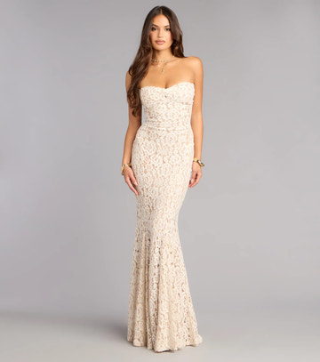 Elegante Vestido de Noche de Sirena sin Tirantes con Escote Corazón de Encaje para Fiesta de Graduación