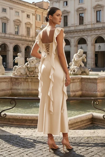 Elegant Midi Cowl Neck Ruffle Lace Up Satin Formal Prom Dress
