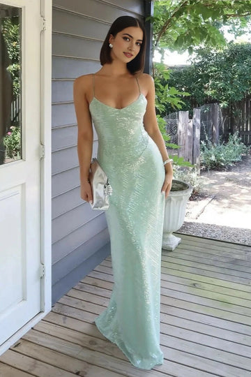 Mint green V neck spaghetti strap sequin floor length prom dress by Vedress