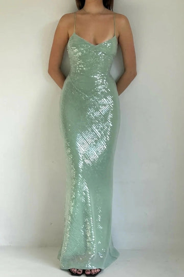 Mint green fitted sequin prom dress with slim straps and floor length silhouette by Vedress