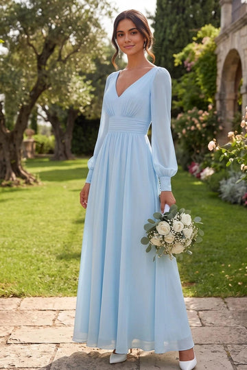 Romantic A Line V Neck Long Sleeve Zipper Back Bridesmaid Dress